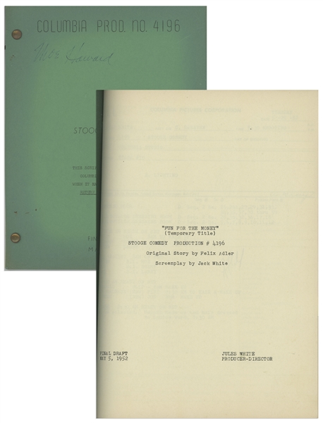 Moe Howards 12pp. Script Dated May 1952 for The Three Stooges Film Booty and the Beast -- Signed by Moe on Cover & Additional 5pp. Annotated Shooting Schedule & Call Sheets -- Very Good Plus